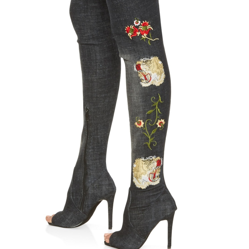 Embroidered Black Denim Over the Knee Boots